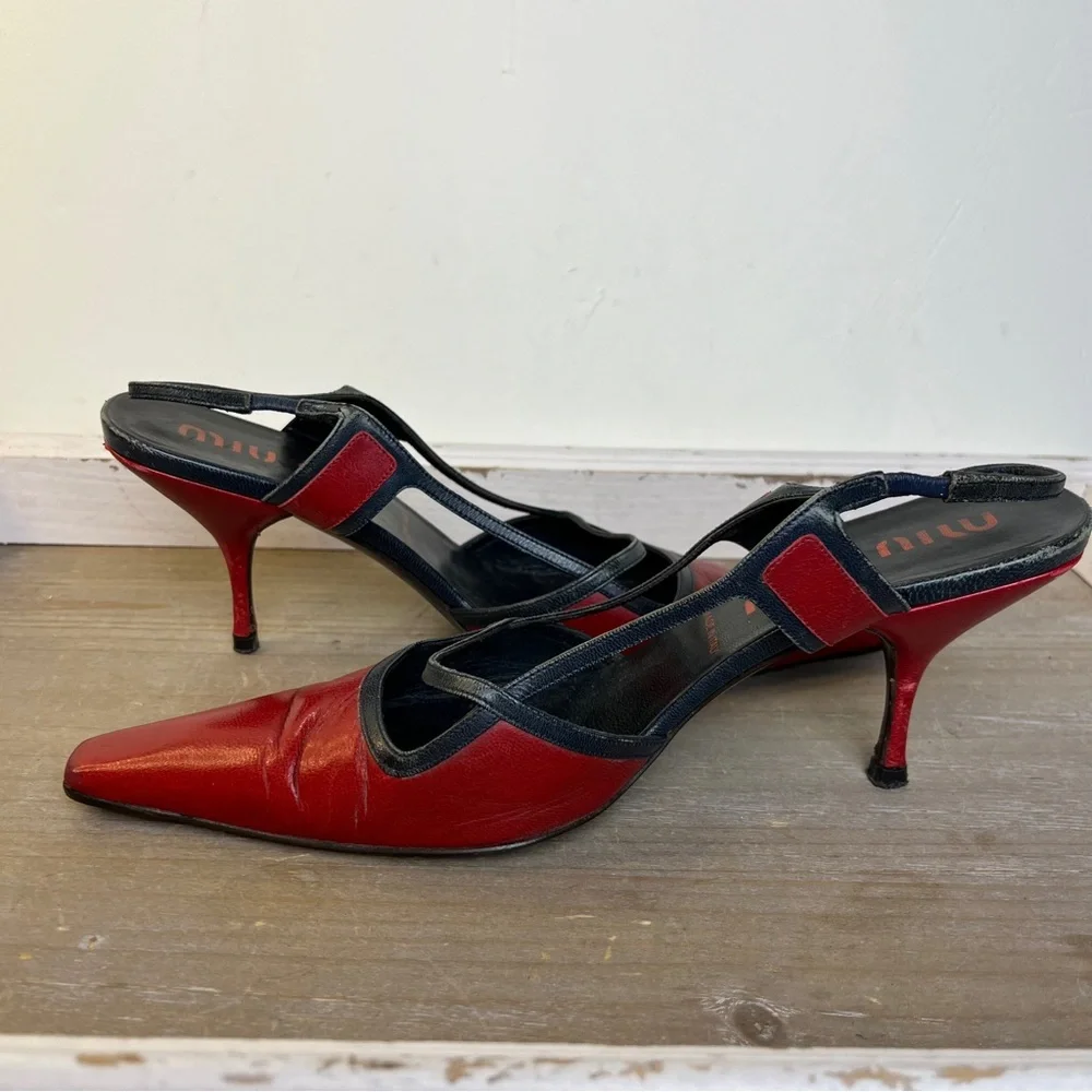 Miu Miu Red Leather Slingback Heels Square Toe Italy 38 Y2K Prada Grunge Punk - Picture 14 of 15